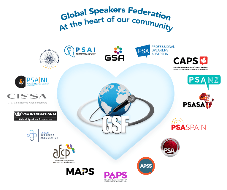 Global Speakers Federation logo with hearts and globe map showing partner associations
